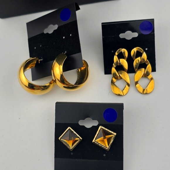 Set of 3 Gold Tone Earrings – Hoops, Chain Dangles & Geometric Studs - Picture 1 of 4